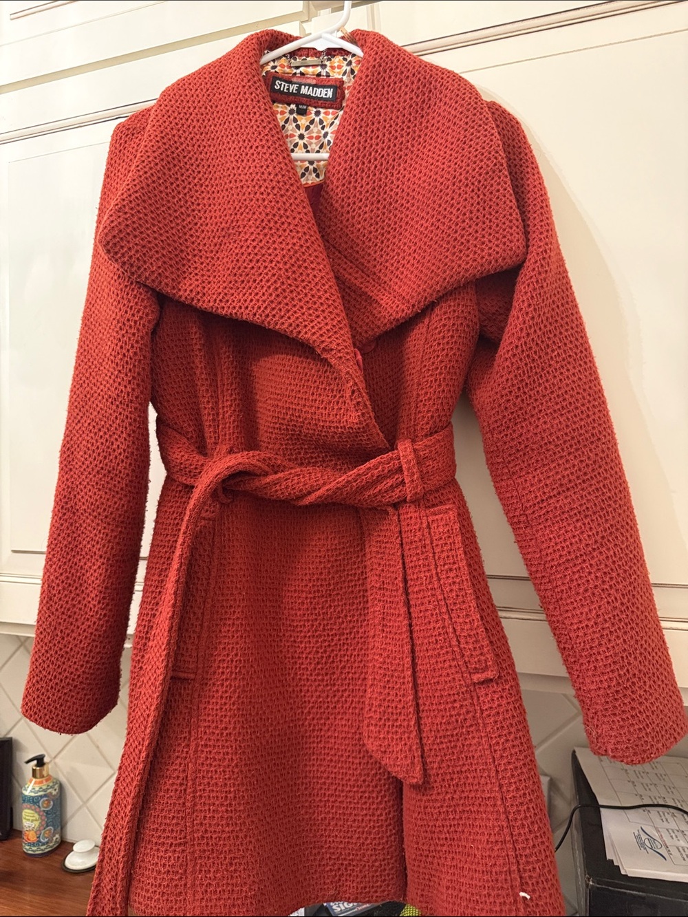 Steve Madden Brick Orange Waffle Knit Belted Coat